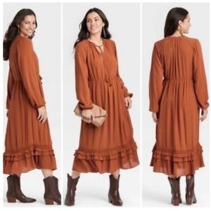 Knox Rose Rust Brown Plus Long Sleeve Tassels Ruffle Boho Maxi Dress XL NWT